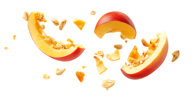 Ackee with half slice falling and floating 