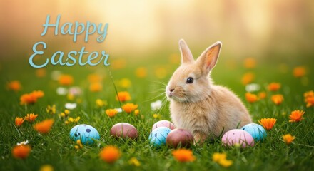  Adorable Baby Rabbit in a Grassy Field with Decorated Easter Eggs and "Happy Easter" Text, Evoking Springtime Joy