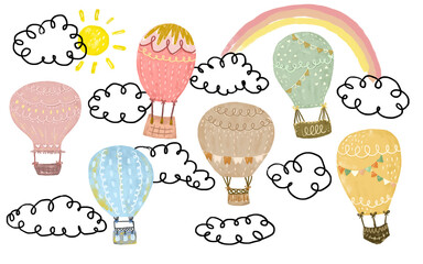 Set of cute colorful pastel color scandinavian nordic boho bohemian hot air balloons with bunting flag in the sky cloud rainbow sun doodle kids crayon watercolor illustration air transportation design