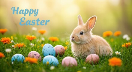  Adorable Baby Rabbit in a Grassy Field with Decorated Easter Eggs and "Happy Easter" Text, Evoking Springtime Joy