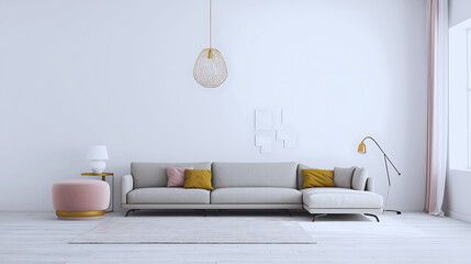 Minimalist modern living room with a sleek sectional sofa, white walls, and stylish decor—perfect for interior design inspiration, home staging, and contemporary lifestyle themes.