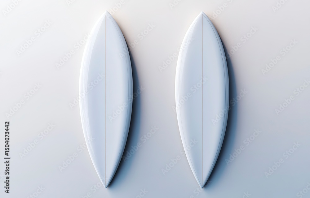 Fototapete top view of two white surfboards mockup, isolated on a light background with soft shadows and highli