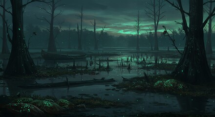 Obraz premium Dark Swamp with Boat and Glowing Plants