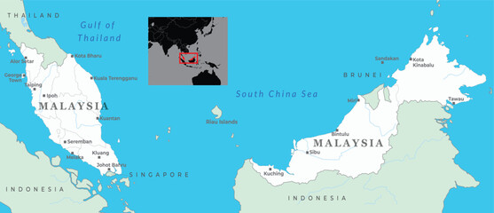A detailed map of Malaysia, highlighting its states, major cities, and neighboring countries