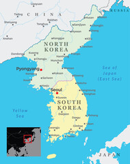 Obraz premium A detailed map of North and South Korea, highlighting provinces, major cities, and neighboring countries