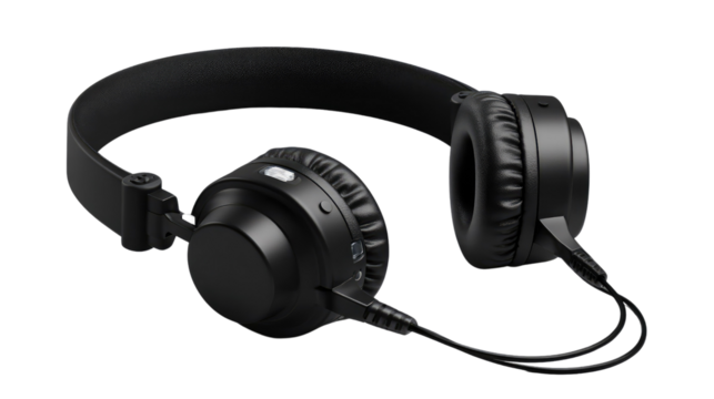 Sleek Black Headphones: Studio-quality headphones, perfectly designed for immersive listening, capture the essence of modern audio