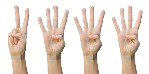 Hands set showing number signs from 1 to 5, cut out isolated on white  background PNG