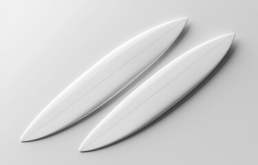 Obraz premium Top view of two white surfboards mockup, isolated on a light background with soft shadows and highlights for a creative design template. 3D rendering illustration, high-resolution photography, stock p