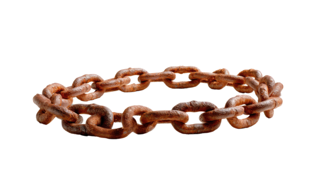 Rusty chain: A close-up view of an old, rusty chain, interlocked in a circular formation, symbolising the relentless passage of time and enduring strength.