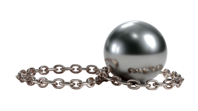Hammer Throw Metal Ball: A close-up of a metallic ball with chain on a smooth surface. The metal surface glistens softly. The lighting accentuates the detailed textures and shapes.