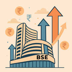 Bombay Stock Exchange (BSE) building, surrounded by rising arrows and Indian Rupee symbols, representing stock market growth