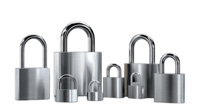 Security locks assortment: An array of gleaming, metallic security locks of varied sizes stands as a symbol of safety, protection, and privacy. Each lock is crafted with precision.