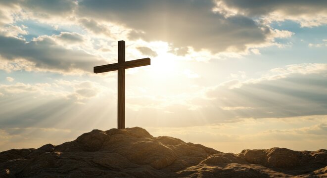 A Silhouette of a Christian Cross on a Rocky Hilltop Against a Dramatic Sky with Sunrays and Clouds