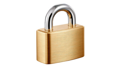 Naklejka premium The Gilded Guardian: A close-up shot captures the robust presence of a gleaming gold padlock, the embodiment of security and protection, poised against a clean and unobtrusive background. 