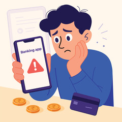 A worried person holding a smartphone displaying a banking app error, with coins and a credit card on the table