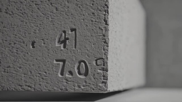 Concrete construction block rotating, exposing industrial manufacturing markings and precision engineering details against stark white backdrop