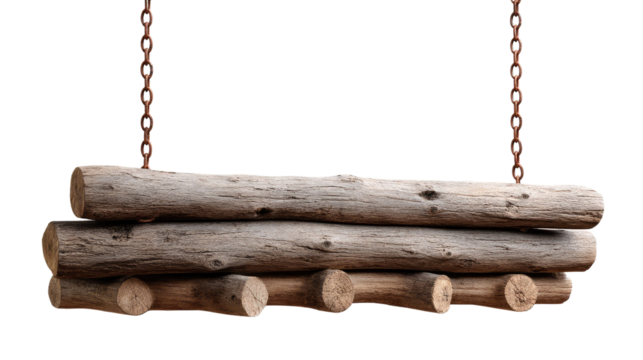 Rustic Log Sign: A charming and weathered rustic log sign suspended by chains. this image conveys a sense of rugged authenticity and natural appeal.