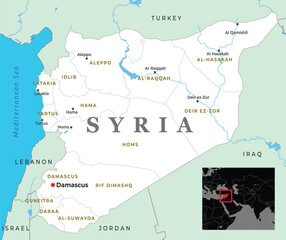 Obraz premium A detailed map of Syria, showcasing its geographical location, major cities, and neighboring countries