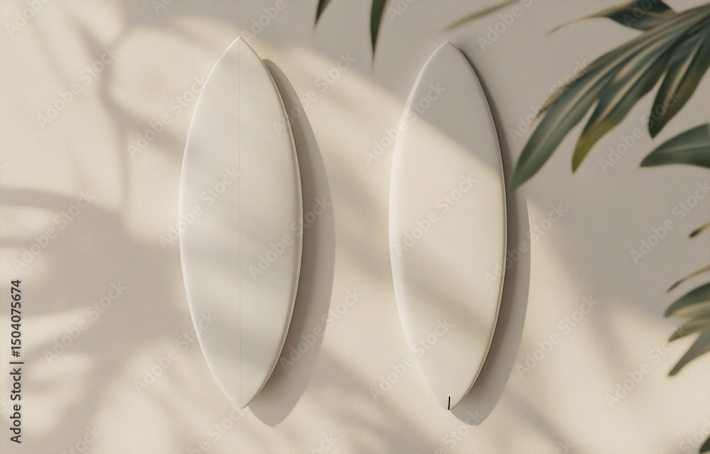 Fototapete Top view of two white surfboards on a light background, a mockup template for a design presentation. Minimalist style. 3D rendering illustration. 