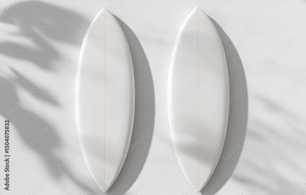 Fototapete Top view of two white surfboards on a light background, a mockup template for a design presentation. Minimalist style. 3D rendering illustration. 