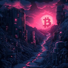 Futuristic bitcoin cityscape with a glowing bitcoin symbol at sunset perfect high resolution image