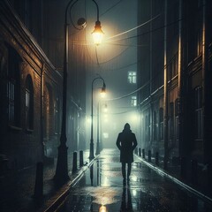 Moody Cinematic Scene of Man in Rain with Wet Pavement Reflections