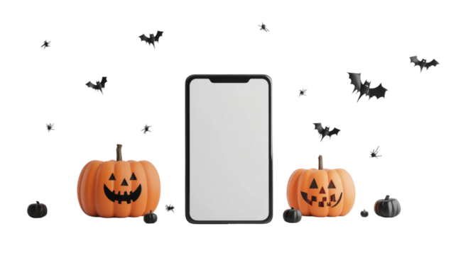 Smartphone with Pumpkin Theme for Halloween Featuring Spooky Design Isolated on White Background