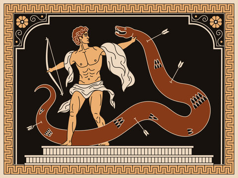 Ancient Greek-style illustration of the god Apollo battling the serpent Python. Classic mythological scene framed with traditional Greek ornamental borders.