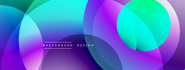 Abstract vibrant circles overlap creating dynamic colorful background. Smooth gradients blend blues, purples, greens. Modern design element.