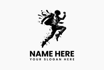 Obraz premium Dynamic vector logo silhouette of a man in a suit actively dancing with abstract paint splashes. Artistic expression concept