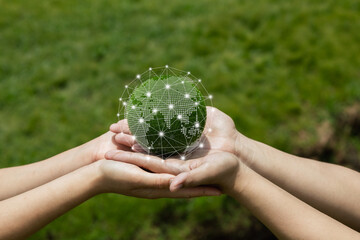 Hands Holding Green Globe with Network Connections for Sustainability