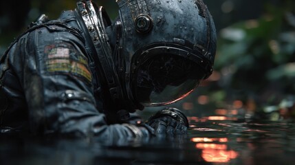 Astronaut kneeling in shallow water under jungle canopy at dusk, contemplative pose.