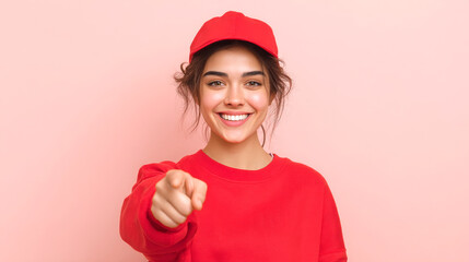 Confident Woman Pointing Forward on Pink Background