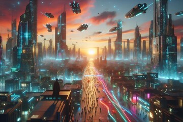 Hyper-Realistic Sci-Fi Metropolis with Glowing Streets and Sci-Fi Citizens