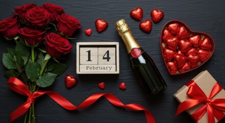 Romantic Valentine's Day Arrangement with Red Roses, Champagne, Chocolates, and a February 14th Calendar