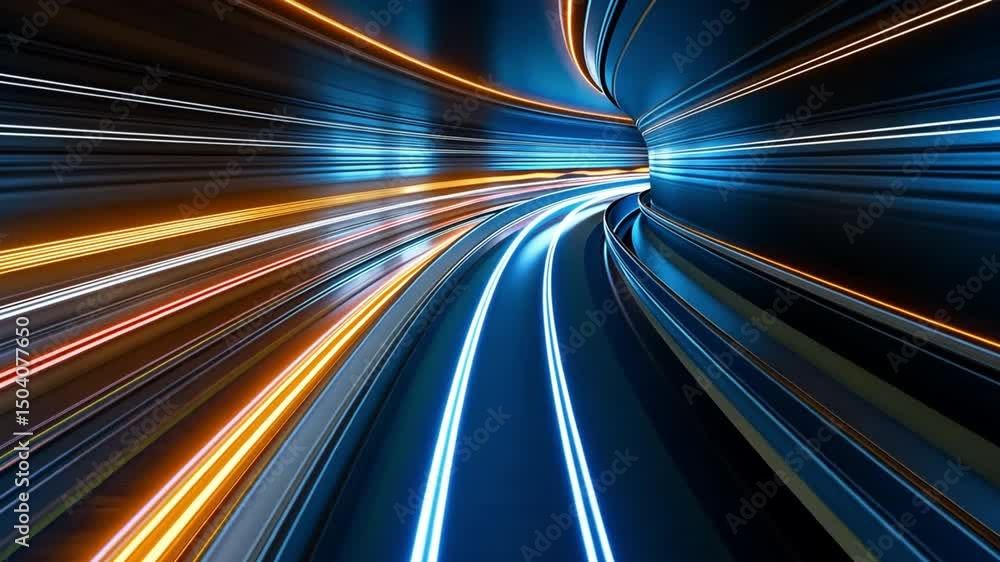 Poster abstract light trails in futuristic tunnel showcase dynamic motion, vibrant colors, and smooth curve