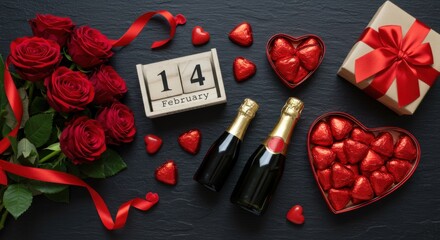 Romantic Valentine's Day Arrangement with Red Roses, Champagne, Chocolates, and a February 14th Calendar