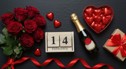 Romantic Valentine's Day Arrangement with Red Roses, Champagne, Chocolates, and a February 14th Calendar