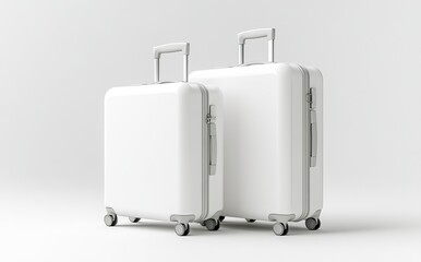 White blank suitcase luggage mockup set, isolated on a white background. Minimalist design with two plastic suitcases standing side by side. High-resolution product photo. 