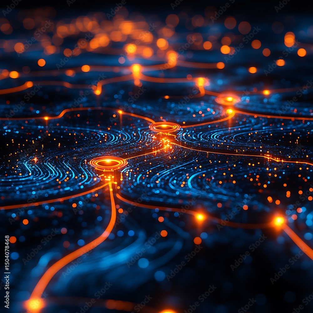 Poster futuristic digital network connection abstract illustration glowing orange circuits and blue data st