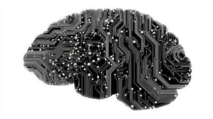 Obraz premium Human brain shape filled with black microchip circuit pattern on white background.