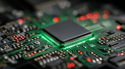 Close-up of microchip on circuit board with glowing green lines and red lights.