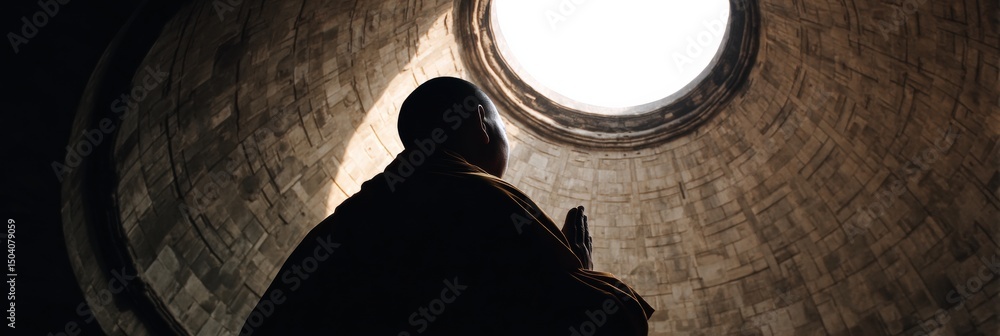 Aufkleber silhouette of a monk praying in quiet meditation beneath an open dome at dusk, reflecting peace and 