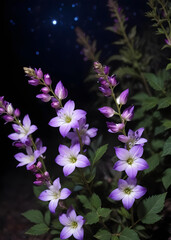 Beautiful purple and white flowers in the midnight forest