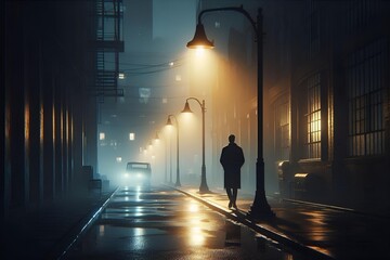 Lone Man Walking Through Foggy Urban Alley Under Rainy Streetlight