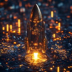 Futuristic rocket launching from bitcoin symbol representing financial growth and cryptocurrency success