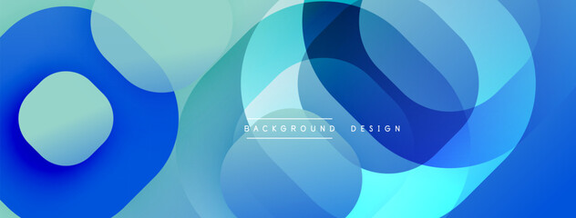 Abstract blue shapes overlap creating dynamic visual effect. Smooth gradients suggest depth, modern design aesthetic.