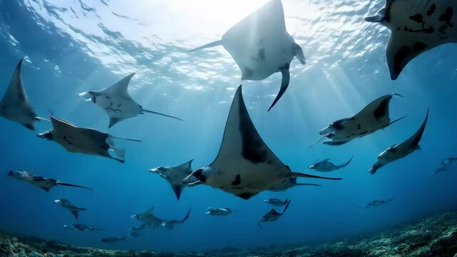 Manta Ray Feeding Frenzy: School Gliding Through Plankton Bloom