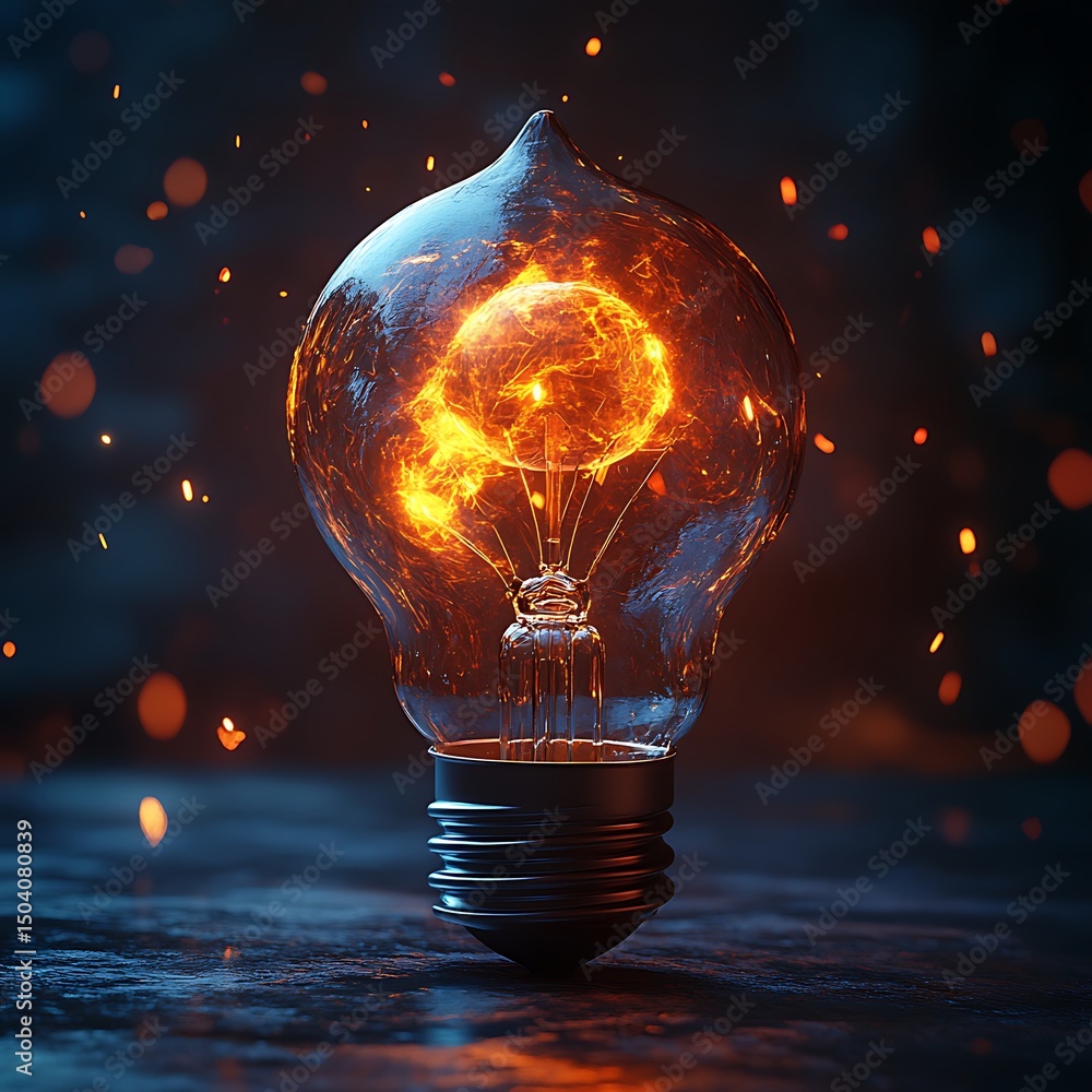 Poster glowing lightbulb filled with energy and fire sparks generating a concept of bright ideas with a hig