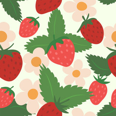 Seamless strawberry pattern. Hand-drawn strawberries, leaves and flowers. Summer juicy and bright vector design. Modern design for cover, paper, fabric. Summer print.